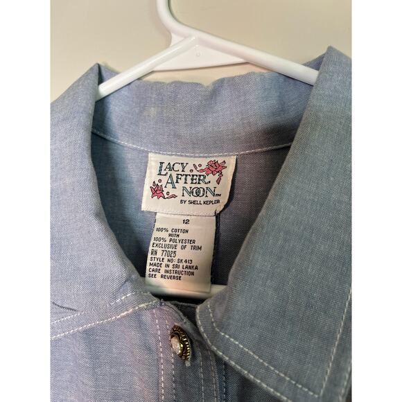 1990s Lacy After Noon Denim Chambray Coquette Cottage Floral Lace Maxi Dress L - Picture 2 of 8